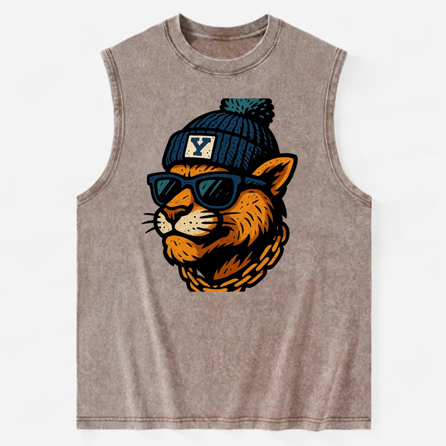 Provo Cougar wearing BYU beanie with Y patch - Vintage Washed Tank - Brown