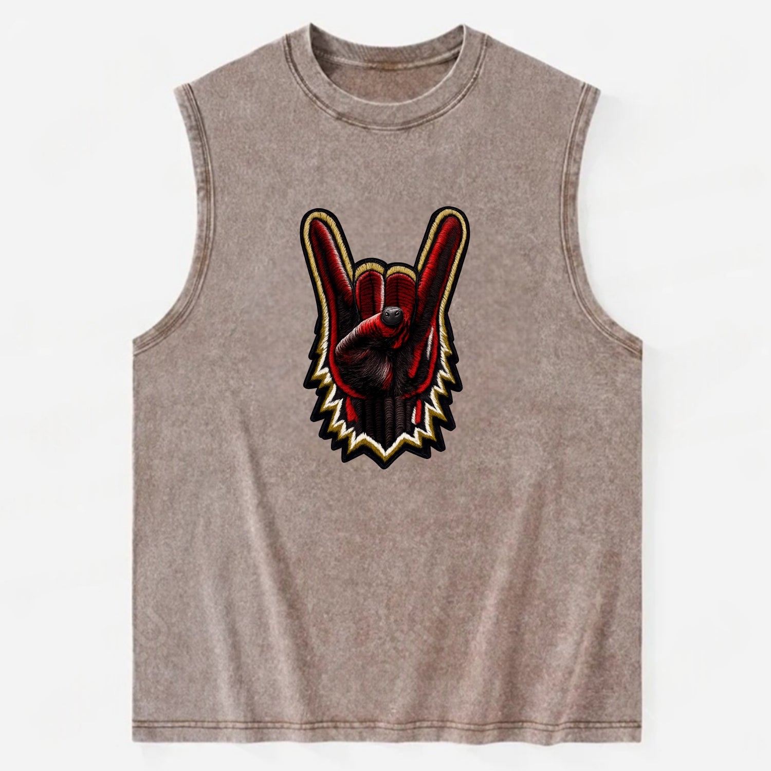 ROCK HAND HORNS - devil horns hand gesture in black and red , metal music - Vintage Washed Tank - Brown