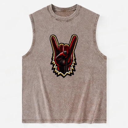 ROCK HAND HORNS - devil horns hand gesture in black and red , metal music - Vintage Washed Tank - Brown