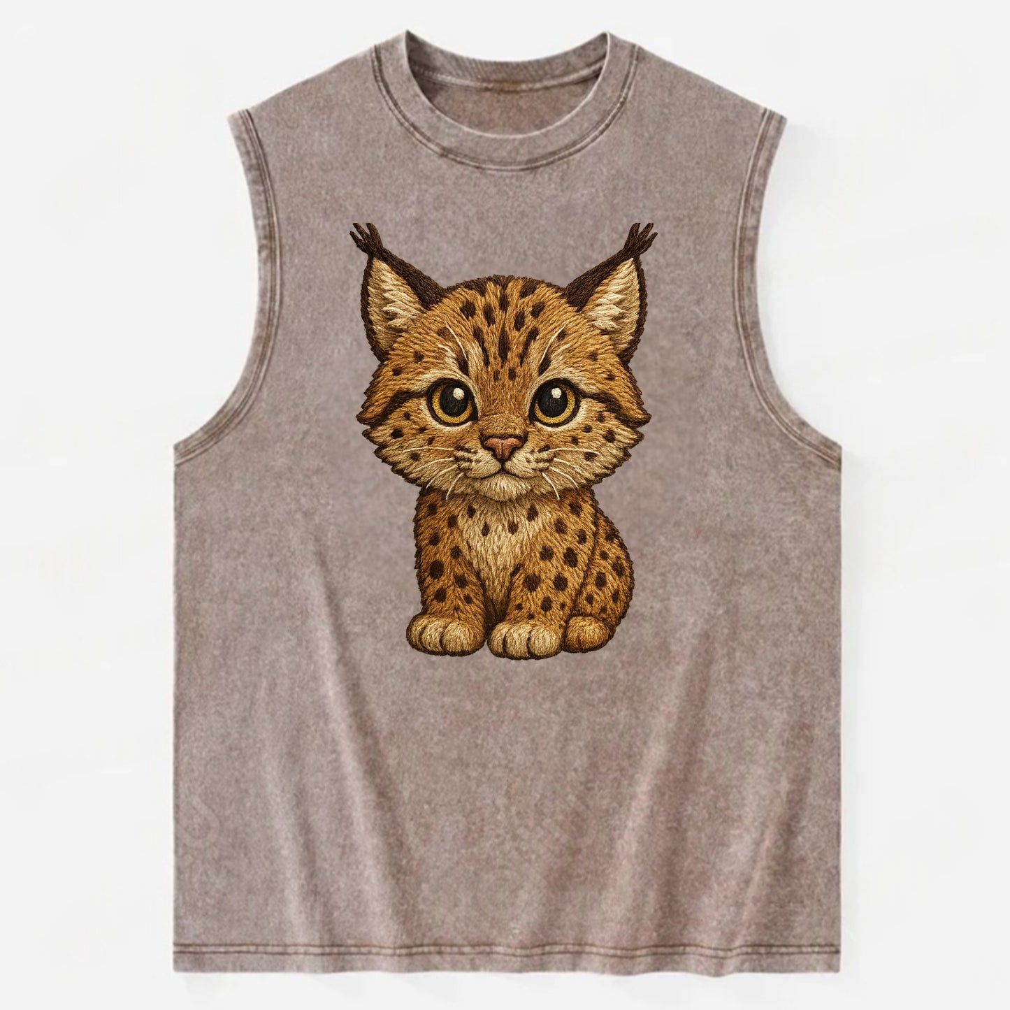 Baby Lynx Cub - tufted ears, spotted fur, golden eyes, front-facing, wild baby - Vintage Washed Tank - Brown