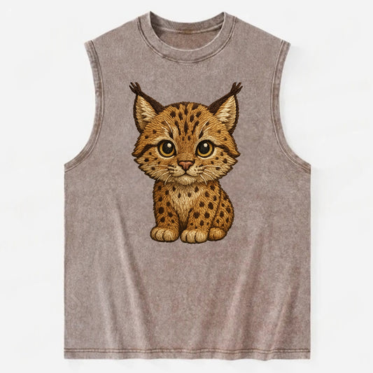Baby Lynx Cub - tufted ears, spotted fur, golden eyes, front-facing, wild baby - Vintage Washed Tank - Brown