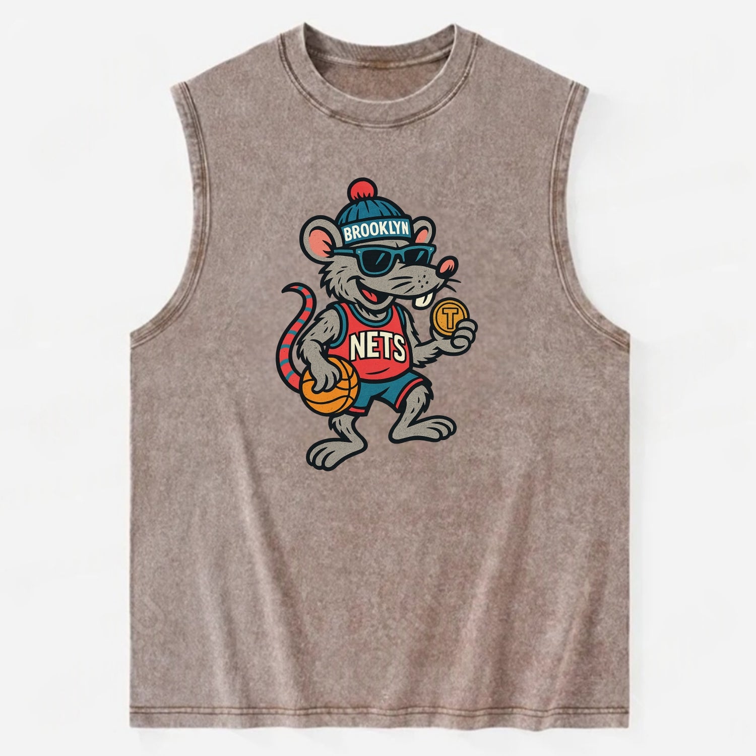 Brooklyn Rat wearing Nets beanie with subway token and wayfarer sunglasses - Vintage Washed Tank - Brown