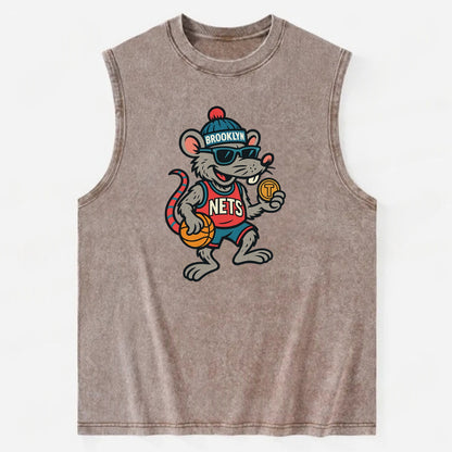 Brooklyn Rat wearing Nets beanie with subway token and wayfarer sunglasses - Vintage Washed Tank - Brown