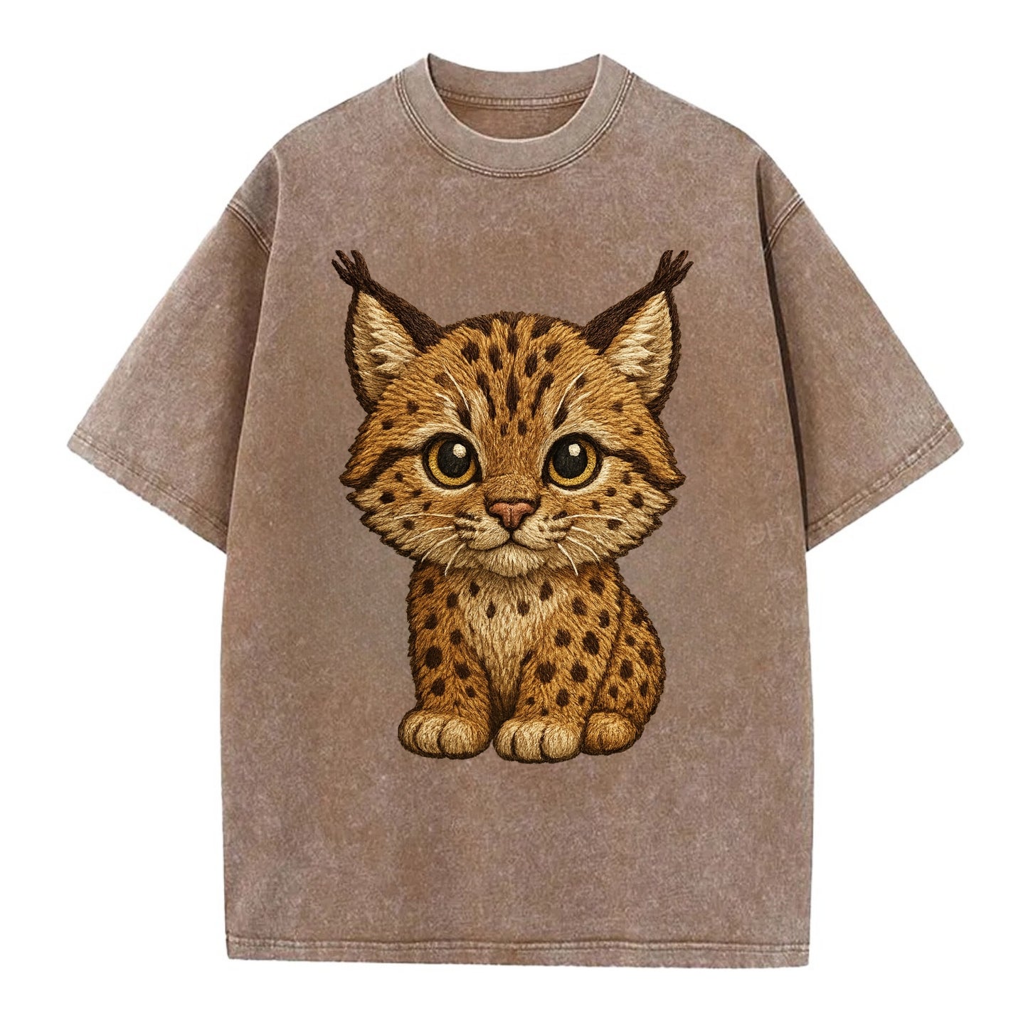 Baby Lynx Cub - tufted ears, spotted fur, golden eyes, front-facing, wild baby - Vintage T-shirt - Brown