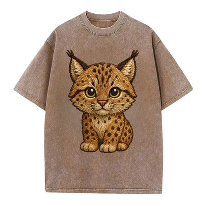 Baby Lynx Cub - tufted ears, spotted fur, golden eyes, front-facing, wild baby - Vintage T-shirt - Brown