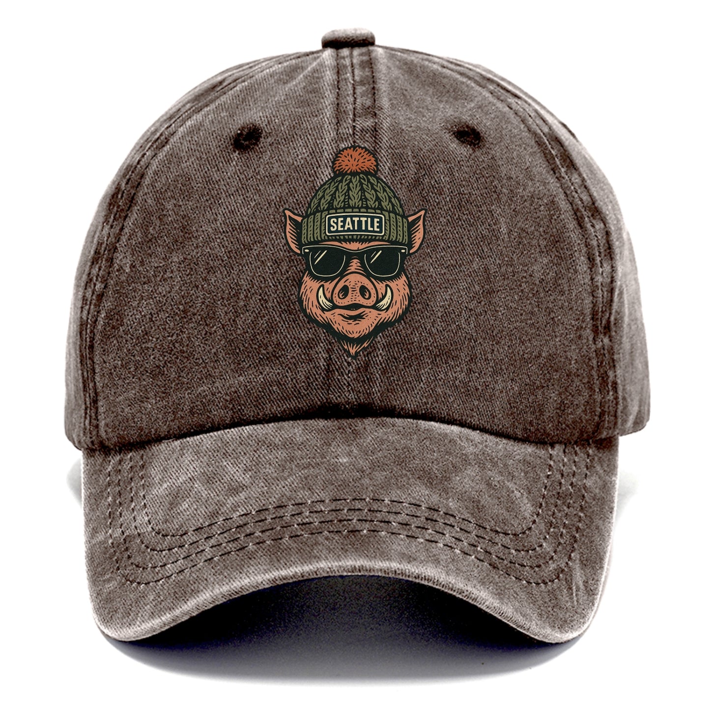 Washington Hog wearing Seattle beanie with pom pom and wayfarer sunglasses - Classic Cap - Brown