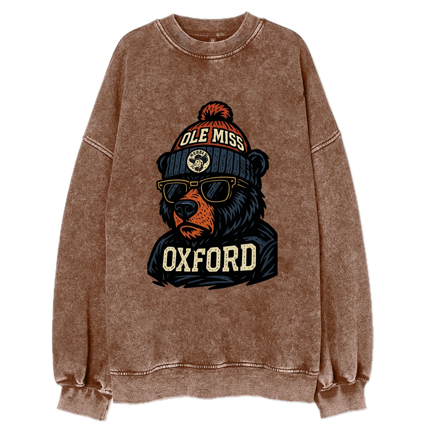 Oxford Black Bear wearing Ole Miss beanie with rebel patch - Vintage Sweatshirt - Brown