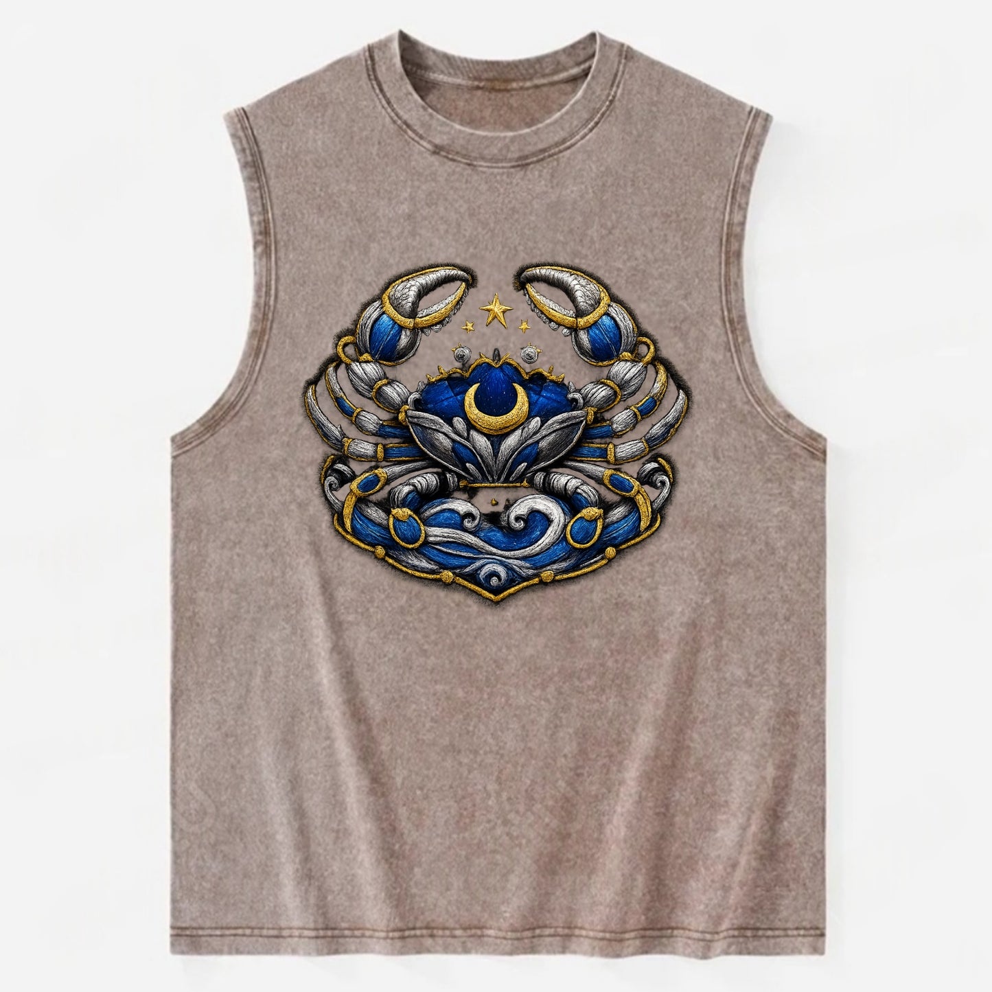 CANCER CRAB - protective crab in silver and blue , water sign - Vintage Washed Tank - Brown