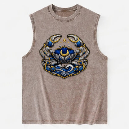 CANCER CRAB - protective crab in silver and blue , water sign - Vintage Washed Tank - Brown