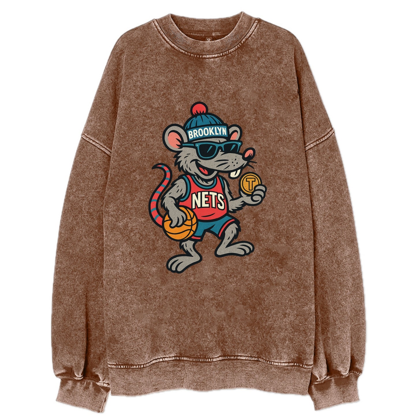 Brooklyn Rat wearing Nets beanie with subway token and wayfarer sunglasses - Vintage Sweatshirt - Brown