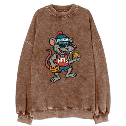 Brooklyn Rat wearing Nets beanie with subway token and wayfarer sunglasses - Vintage Sweatshirt - Brown