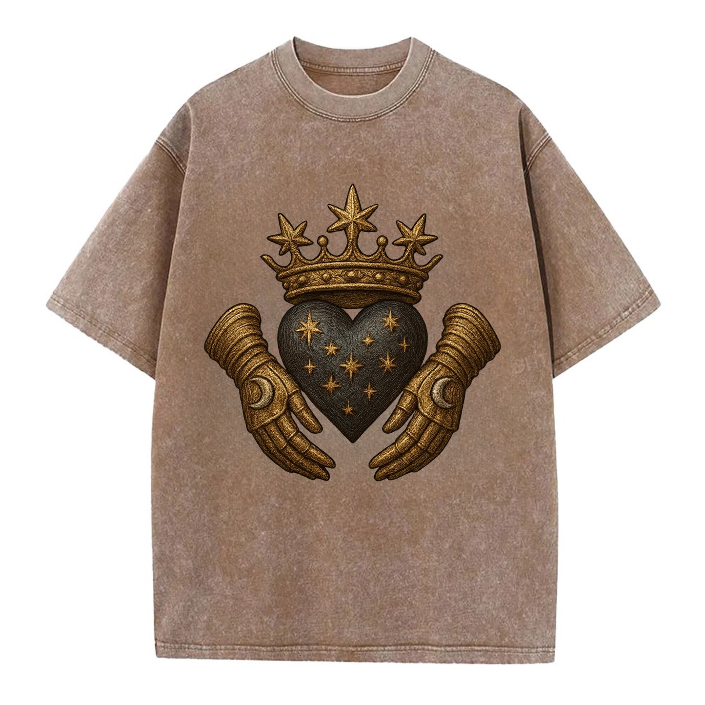 Ice crystal crown framing a frosted heart with fur-trimmed winter hands embracing - Vintage T-shirt - Brown
