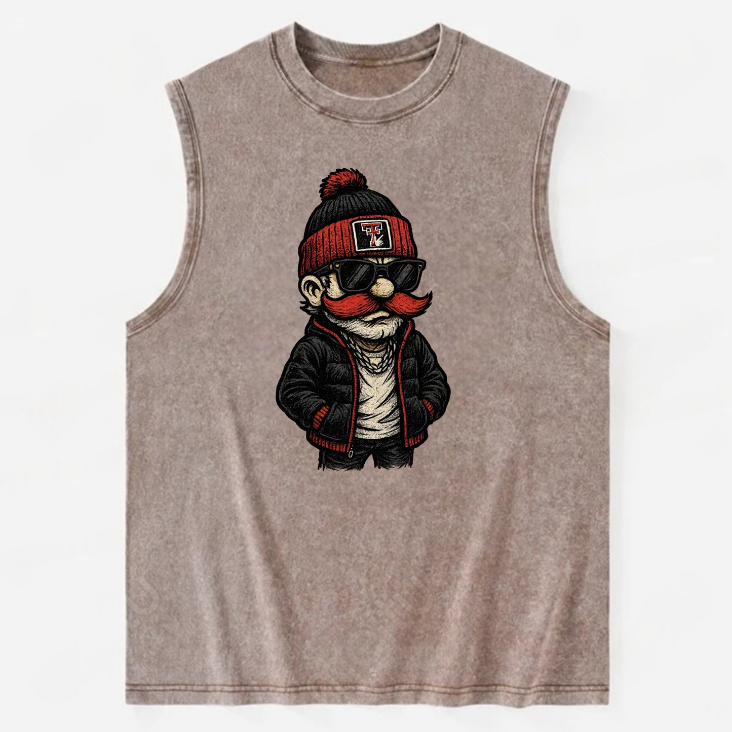Lubbock Raider wearing Texas Tech beanie with guns up patch - Vintage Washed Tank - Brown