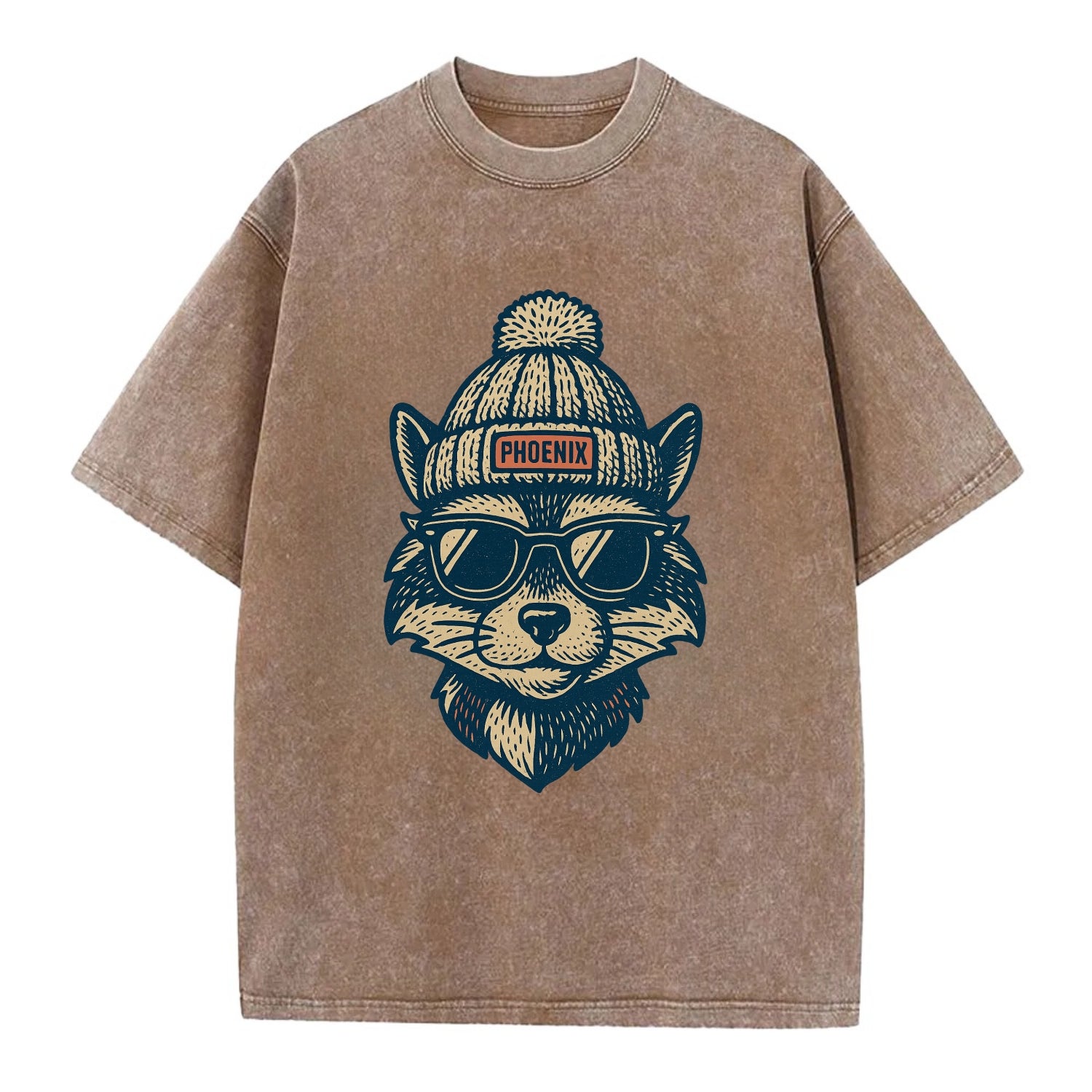 Arizona Ringtail wearing Phoenix beanie with pom pom and wayfarer sunglasses - Vintage T-shirt - Brown