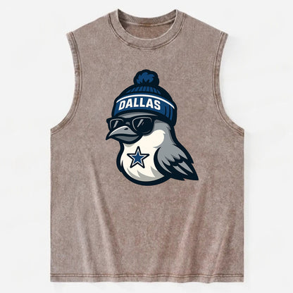 Dallas Mockingbird wearing Cowboys beanie with sheriff star and wayfarer - Vintage Washed Tank - Brown