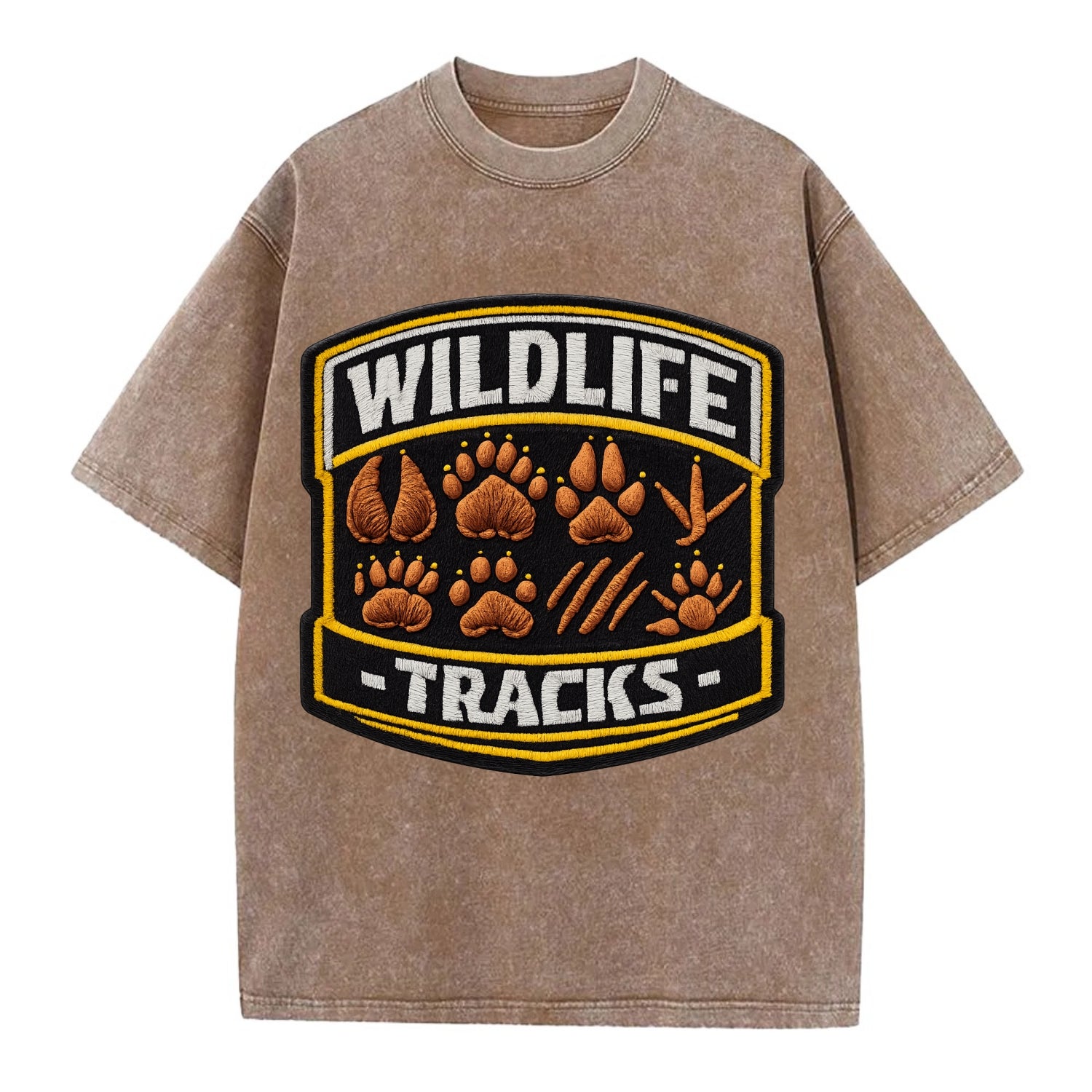 WILDLIFE TRACKS - animal footprints in brown , tracker - Vintage T-shirt - Brown