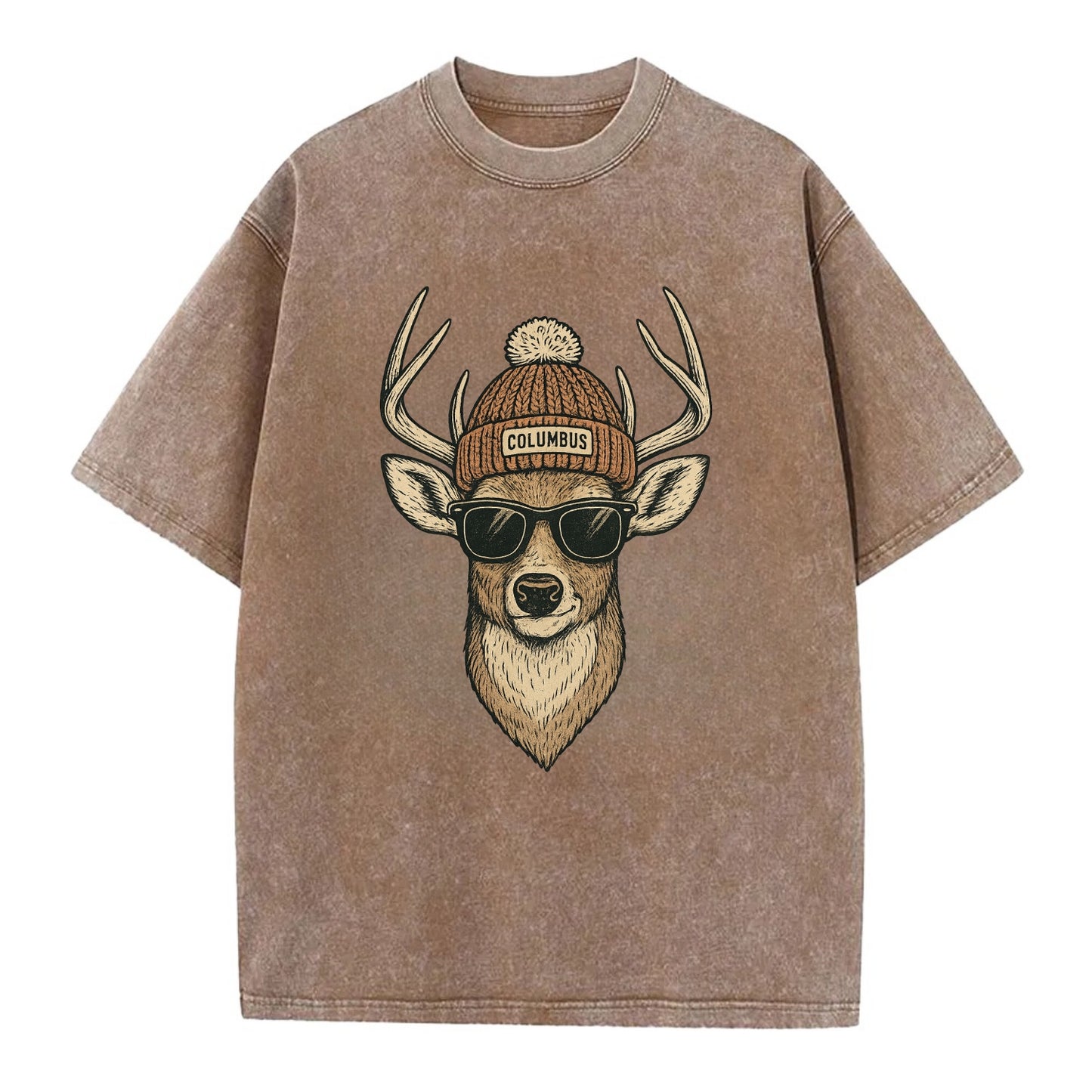 Ohio White-tailed Deer wearing Columbus beanie with pom pom and wayfarer - Vintage T-shirt - Brown