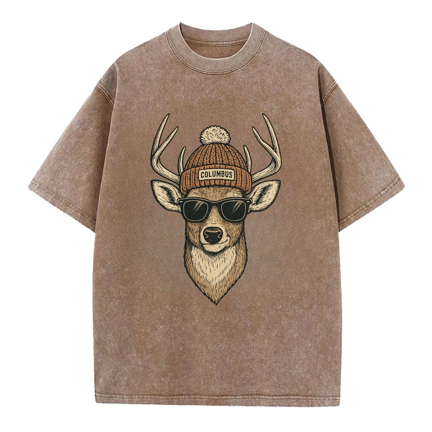 Ohio White-tailed Deer wearing Columbus beanie with pom pom and wayfarer - Vintage T-shirt - Brown