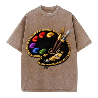 Embroidered patch design - PAINT PALETTE - artist palette with brushes in rainbow - Vintage T-shirt - Brown