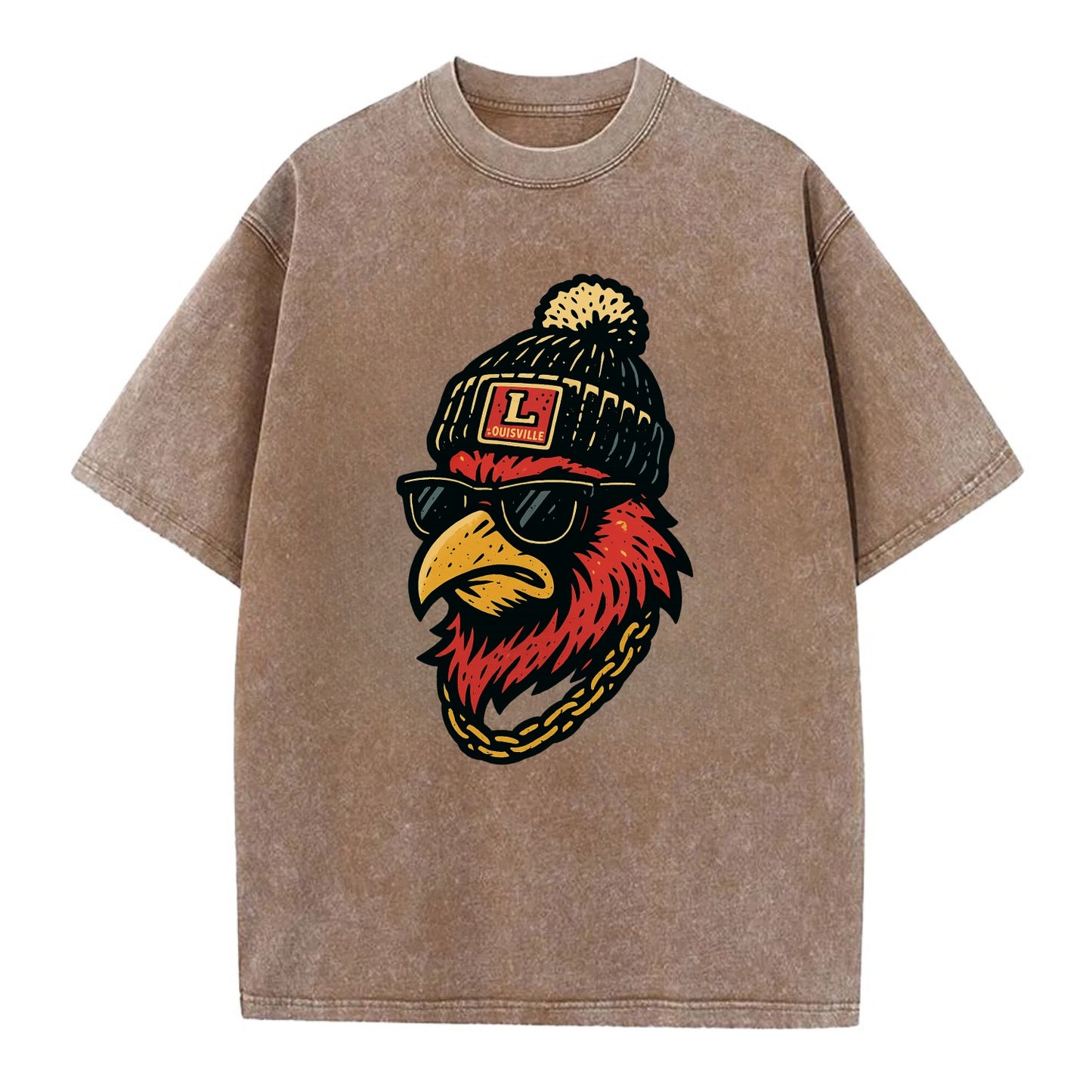 Louisville Cardinal wearing Louisville beanie with L patch - Vintage T-shirt - Brown