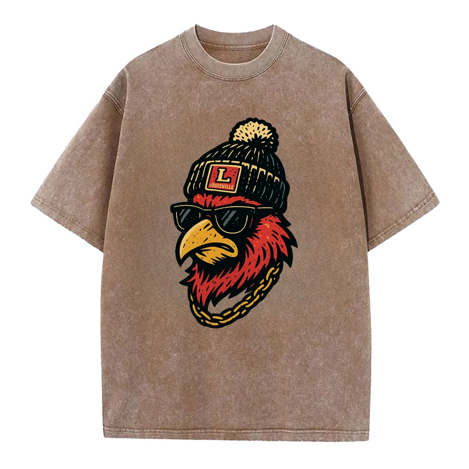 Louisville Cardinal wearing Louisville beanie with L patch - Vintage T-shirt - Brown