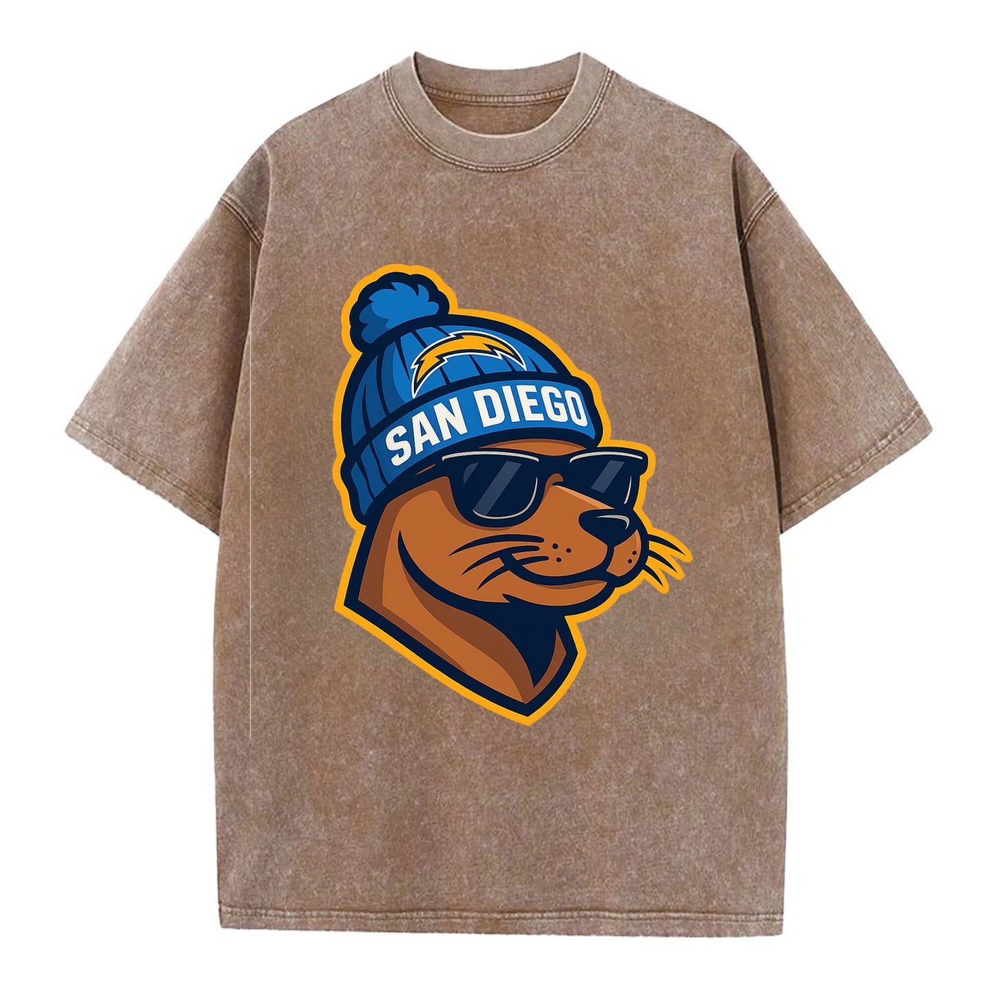 San Diego Sea Lion wearing Chargers beanie with bolt patch and wayfarer sunglasses - Vintage T-shirt - Brown