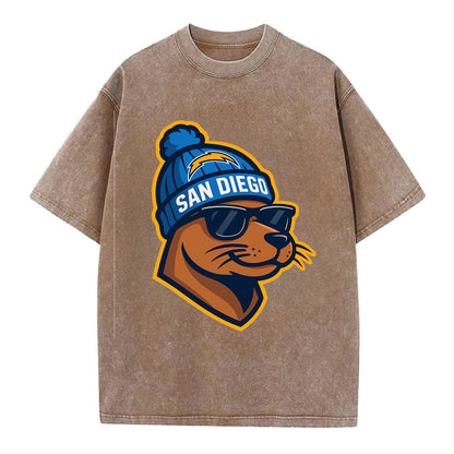 San Diego Sea Lion wearing Chargers beanie with bolt patch and wayfarer sunglasses - Vintage T-shirt - Brown
