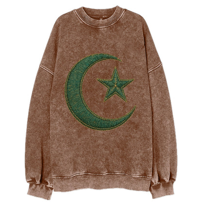 Crescent Moon and Star - Vintage Sweatshirt - Brown