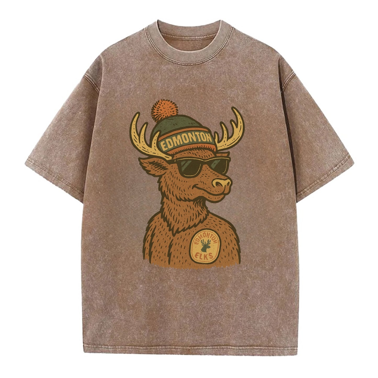 Edmonton Elk wearing Edmonton beanie with pom pom and wayfarer sunglasses - Vintage T-shirt - Brown