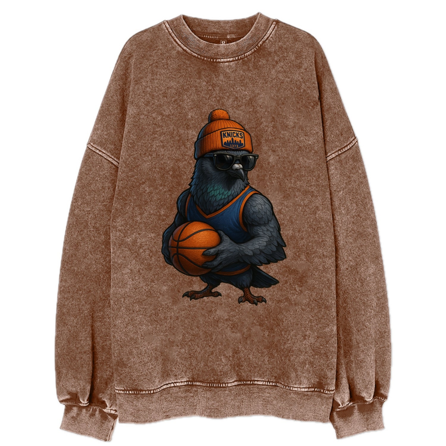 Manhattan Pigeon wearing Knicks beanie with skyline patch and wayfarer - Vintage Sweatshirt - Brown