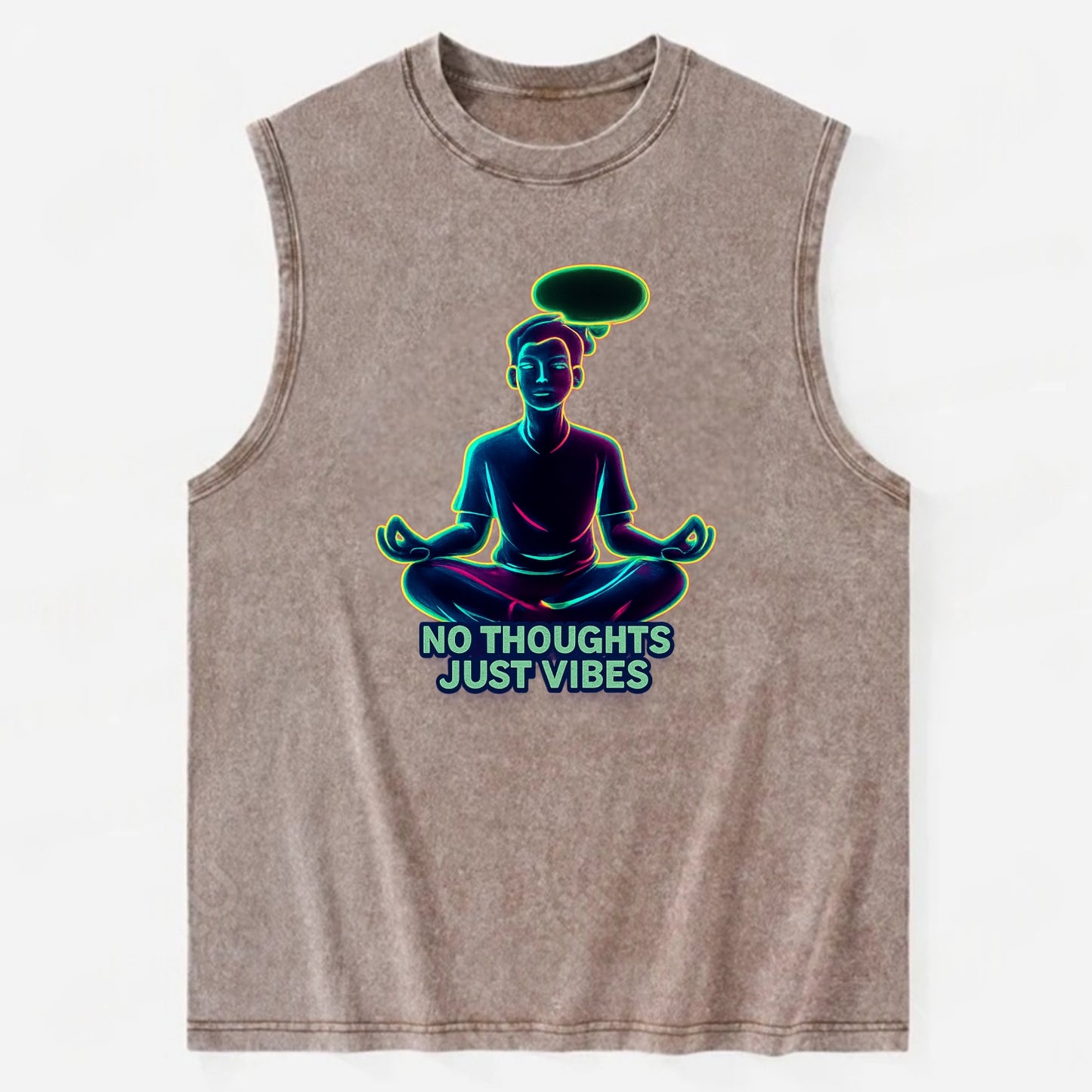 Peaceful floating figure with empty thought bubble - "no thoughts just vibes" - Vintage Washed Tank - Brown
