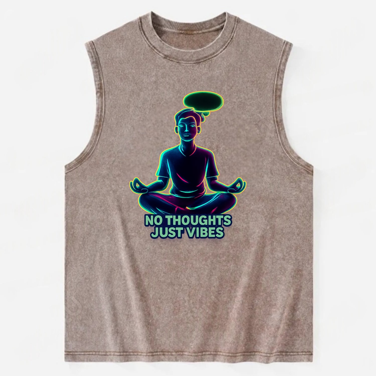 Peaceful floating figure with empty thought bubble - "no thoughts just vibes" - Vintage Washed Tank - Brown