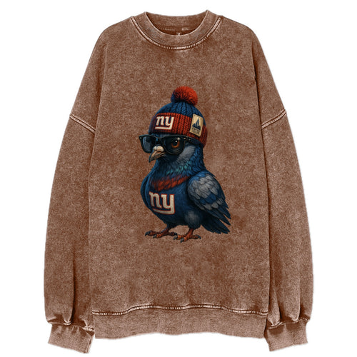 Manhattan Pigeon wearing Giants beanie with Empire State patch and wayfarer - Vintage Sweatshirt