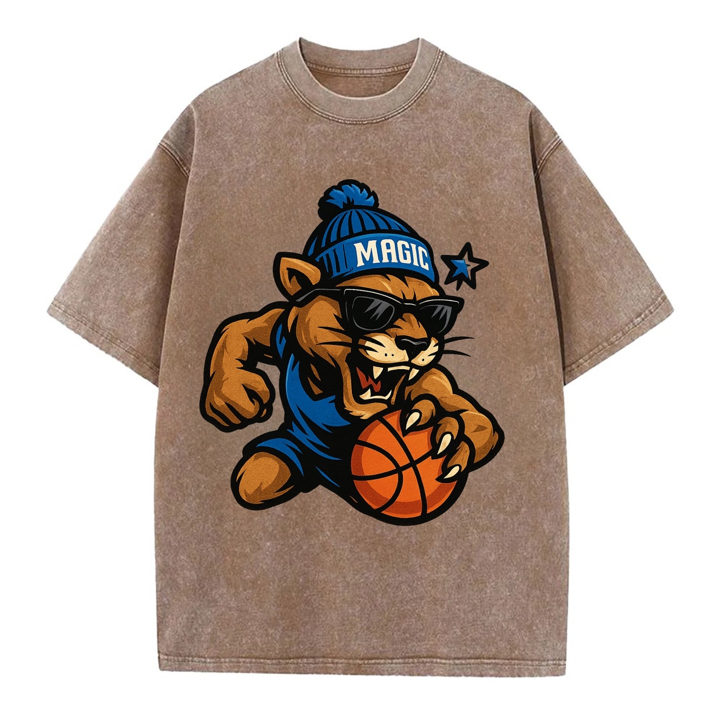 Florida Panther wearing Magic beanie with star wand patch and wayfarer sunglasses - Vintage T-shirt - Brown