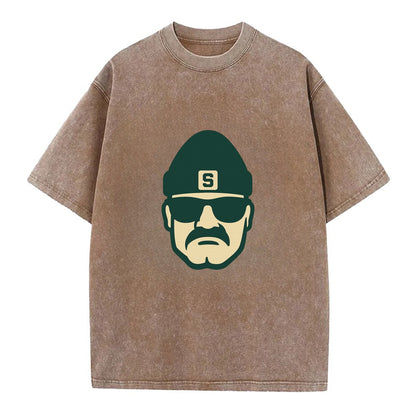 East Lansing Spartan wearing Michigan State beanie with S patch - Vintage T-shirt - Brown