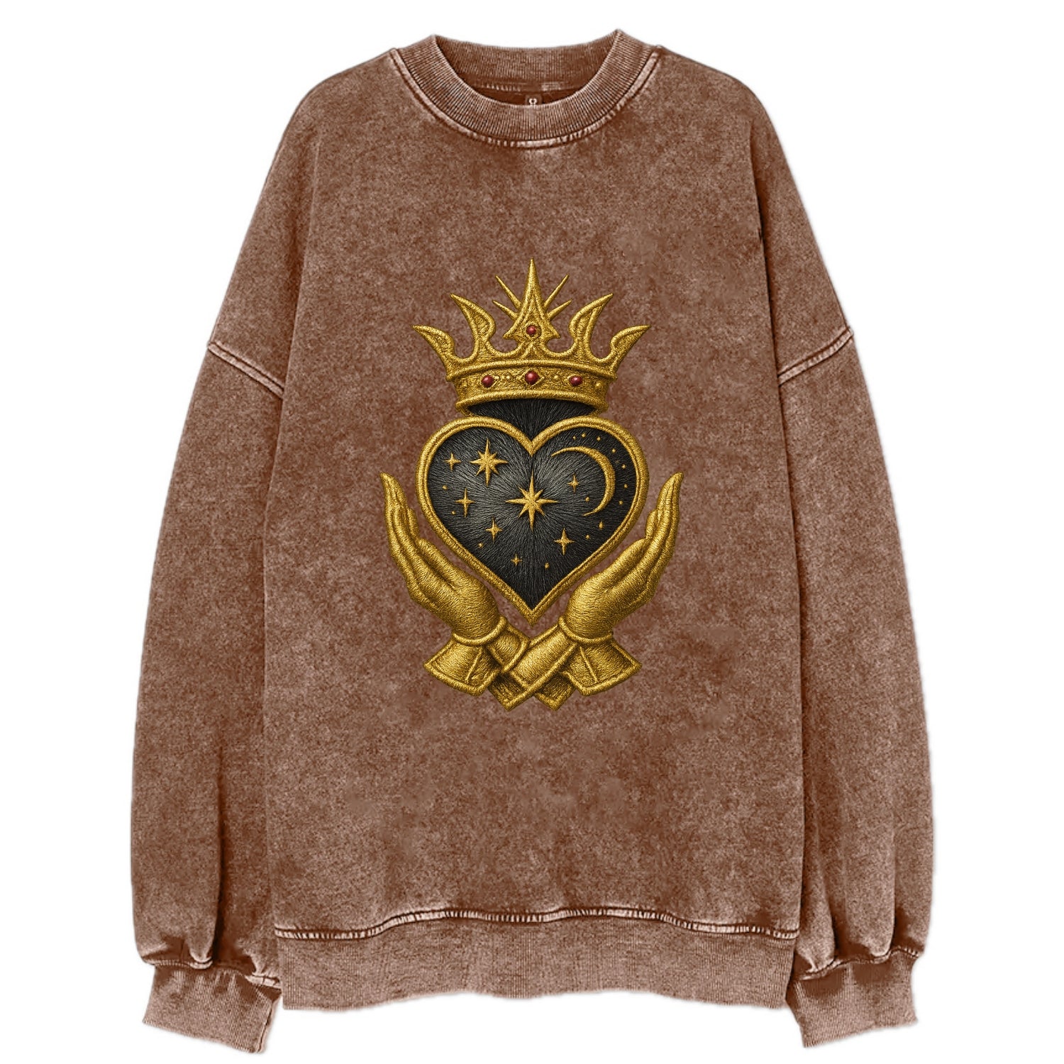 Hammered bronze warrior crown anchoring a dark steel heart with shield-bearing - Vintage Sweatshirt - Brown