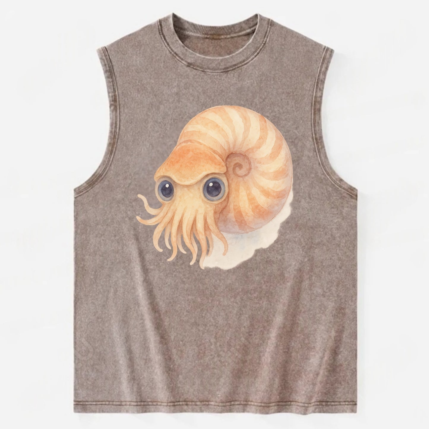 Baby Nautilus - spiral shell, tentacles peeking, ancient eyes, front-facing, - Vintage Washed Tank - Brown