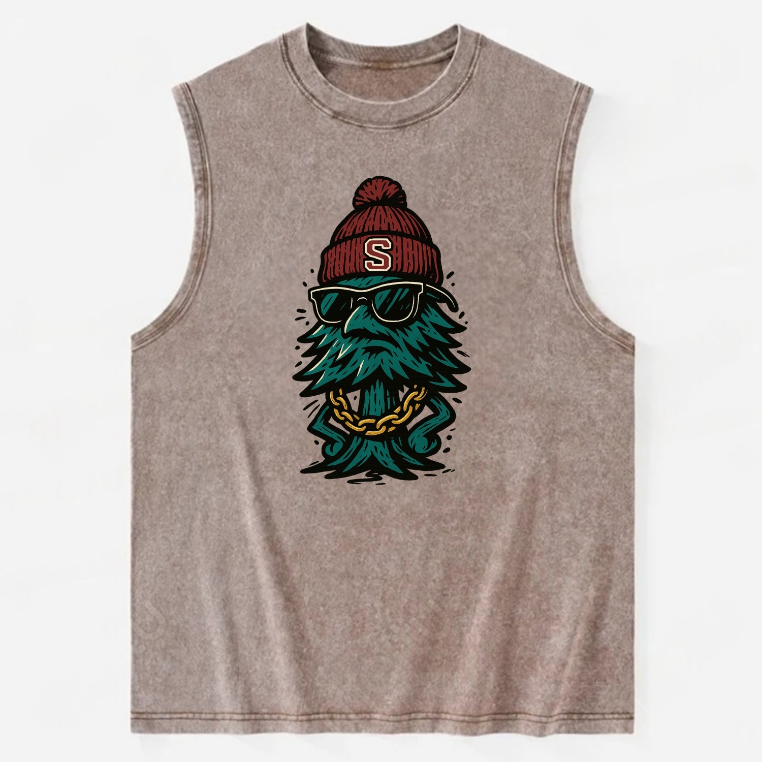 Palo Alto Tree wearing Stanford beanie with S patch - Vintage Washed Tank - Brown