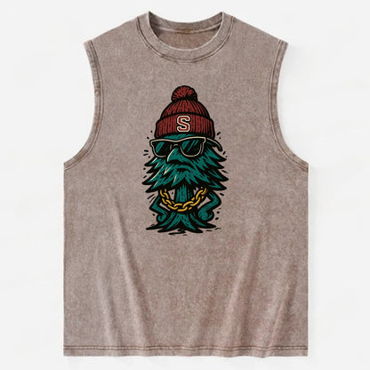 Palo Alto Tree wearing Stanford beanie with S patch - Vintage Washed Tank - Brown
