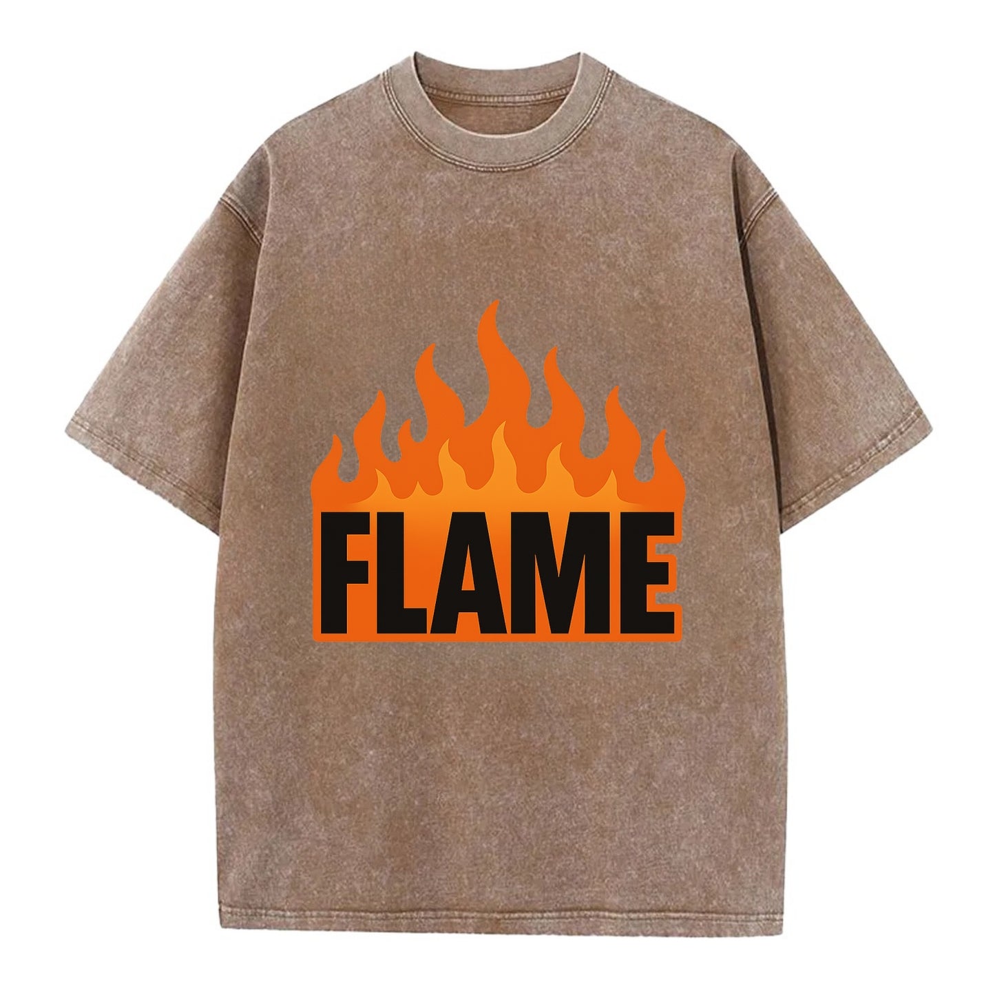 Bold typography design - "FLAME" - burning bright, passionate - Vintage T-shirt - Brown
