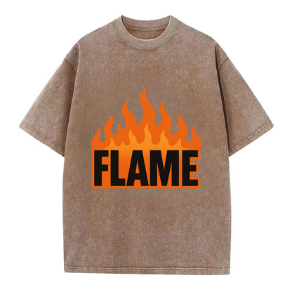 Bold typography design - "FLAME" - burning bright, passionate - Vintage T-shirt - Brown