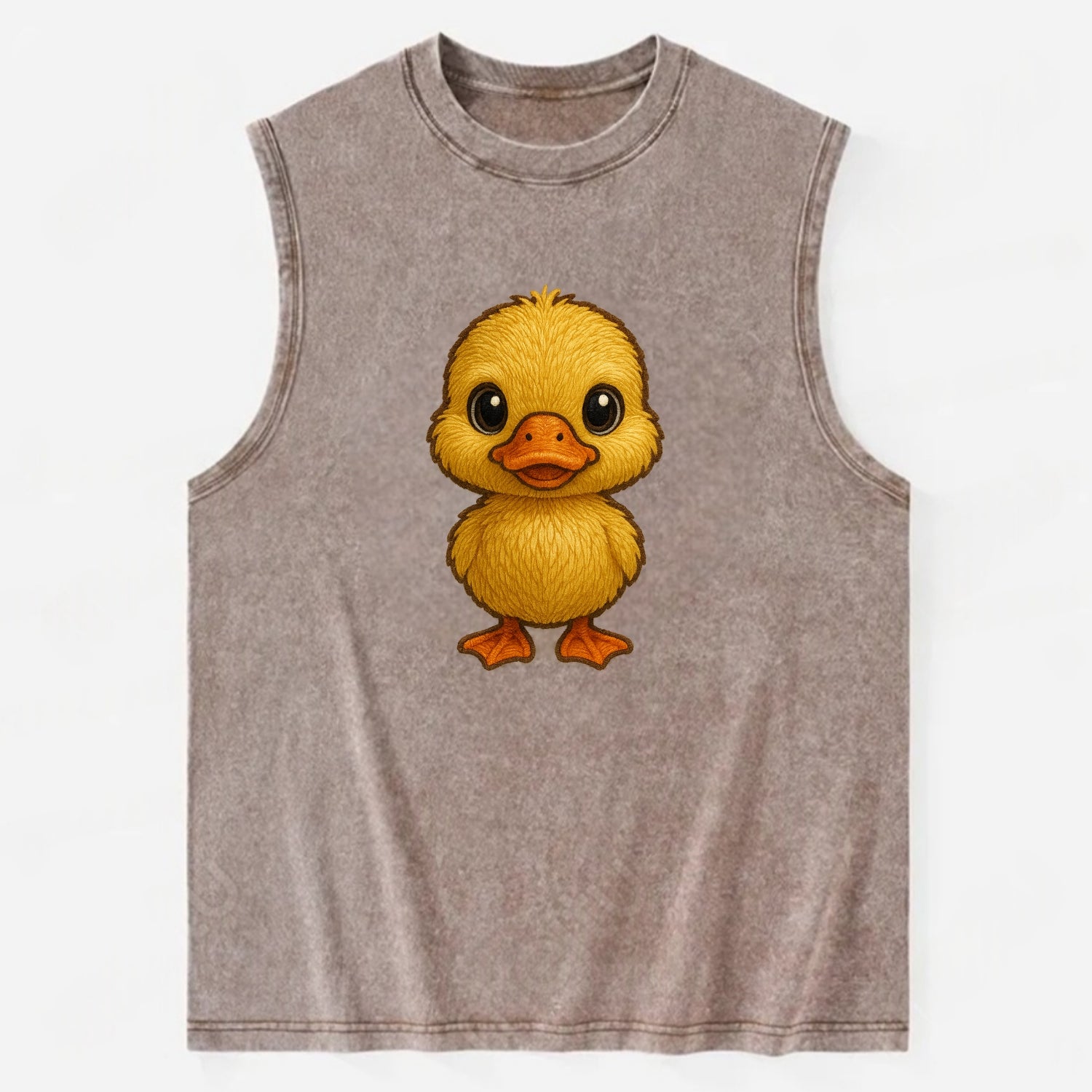Baby Duck Duckling - yellow fluffy, orange beak, bright eyes, front-facing, - Vintage Washed Tank - Brown