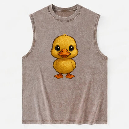 Baby Duck Duckling - yellow fluffy, orange beak, bright eyes, front-facing, - Vintage Washed Tank - Brown