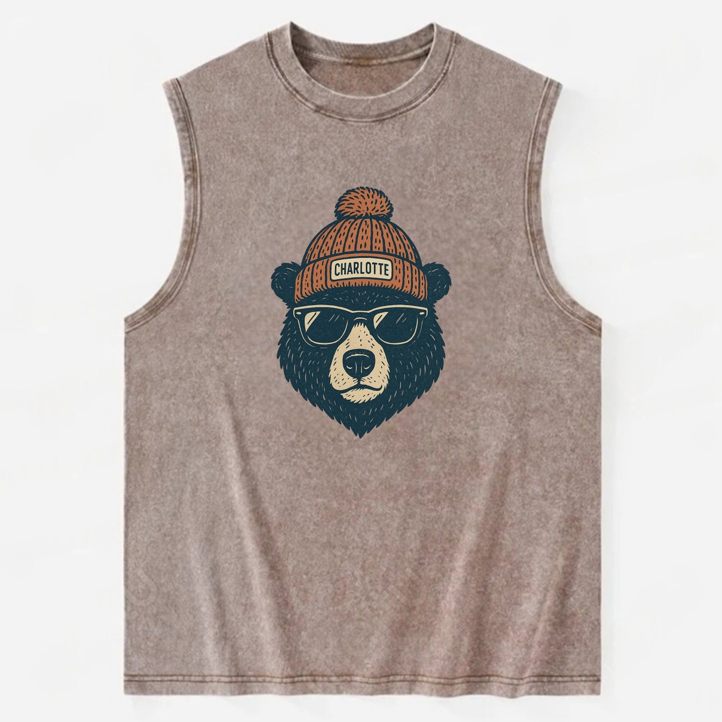 North Carolina Black Bear wearing Charlotte beanie with pom pom and wayfarer - Vintage Washed Tank - Brown