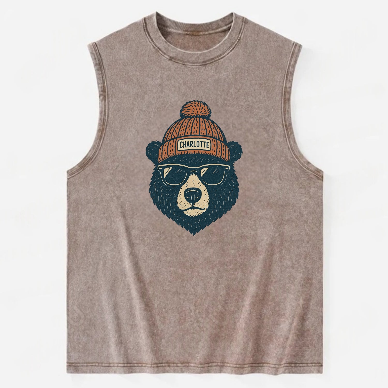 North Carolina Black Bear wearing Charlotte beanie with pom pom and wayfarer - Vintage Washed Tank - Brown