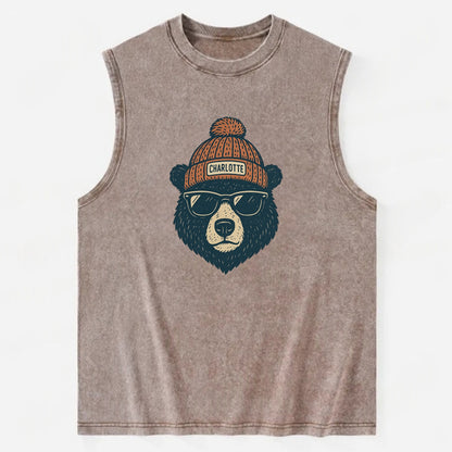North Carolina Black Bear wearing Charlotte beanie with pom pom and wayfarer - Vintage Washed Tank - Brown