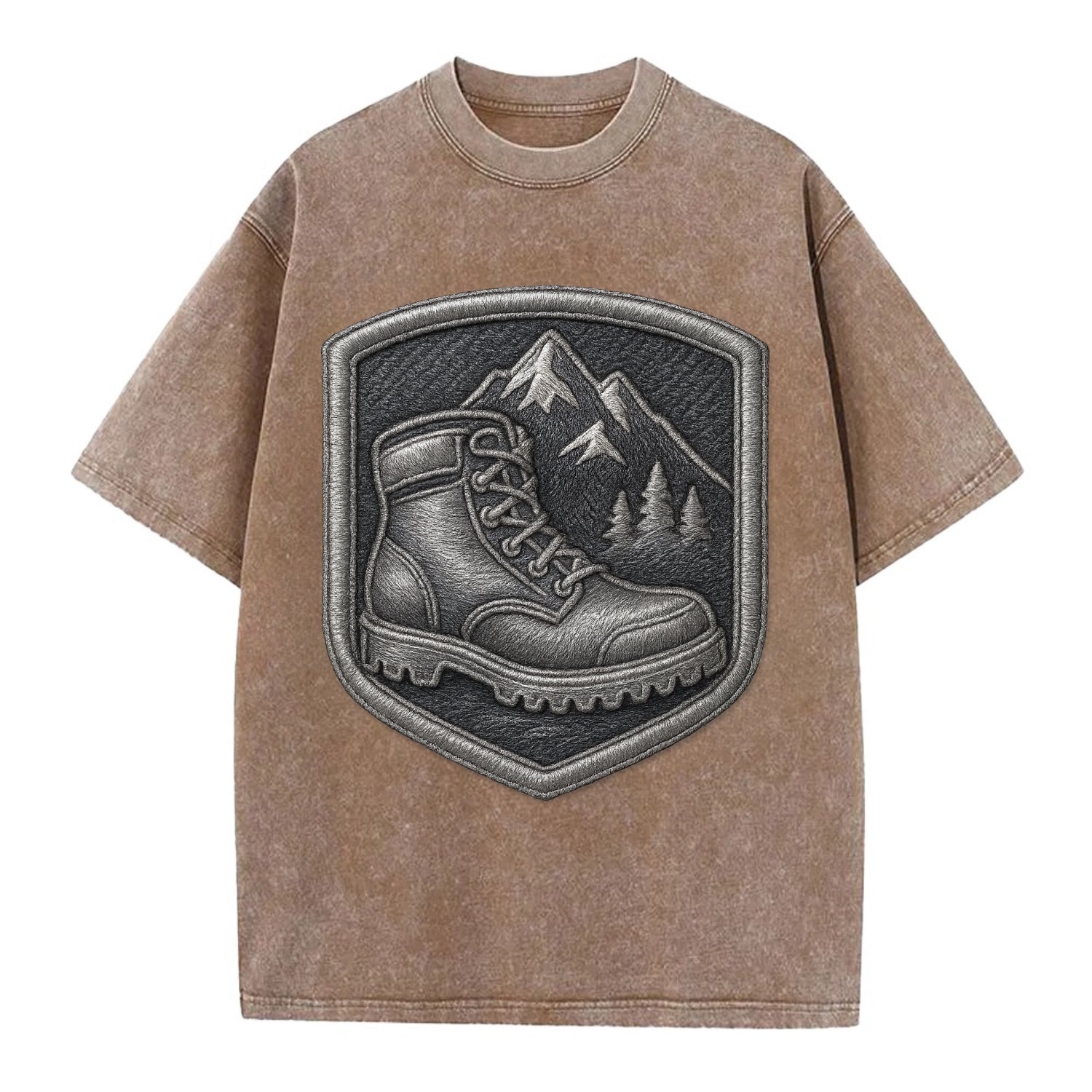 Hiking boots with mountain peak - hiker pride - Vintage T-shirt - Brown