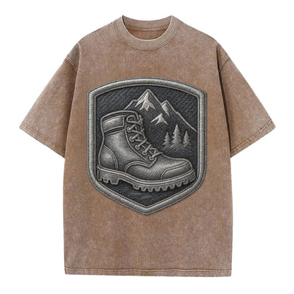 Hiking boots with mountain peak - hiker pride - Vintage T-shirt - Brown