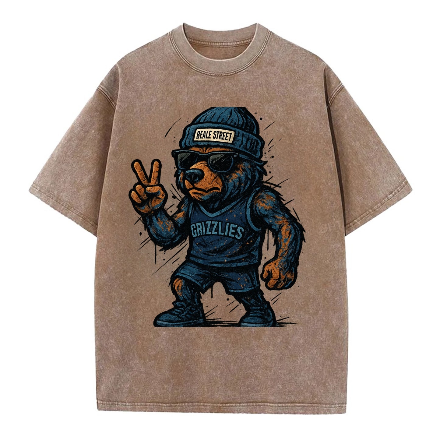 Memphis Grizzly Bear wearing Grizzlies navy and light blue beanie with Beale - Vintage T-shirt - Brown