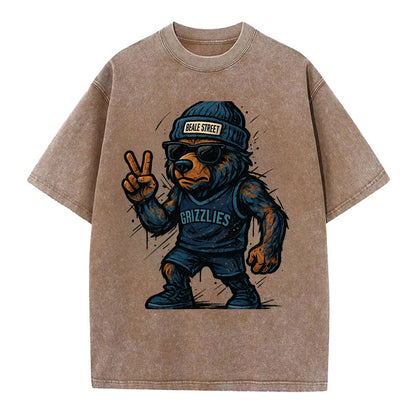 Memphis Grizzly Bear wearing Grizzlies navy and light blue beanie with Beale - Vintage T-shirt - Brown